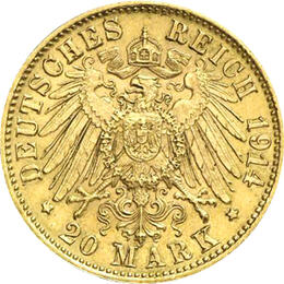 20 Mark Kaiserreich Bayern 1914 Ludwig III Jaeger 202