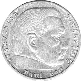 Hindenburg ohne Kreuz 5 Reichsmark Silbermünze