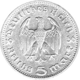 Hindenburg ohne Kreuz 5 Reichsmark Silbermünze