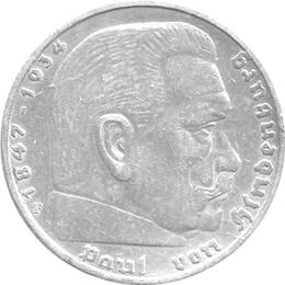 Hindenburg mit Kreuz 5 Reichsmark Silbermünze