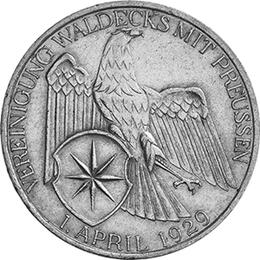 Jaeger 337 Weimarer Republik 3 Reichsmark Vereinigung Waldeck Preussen 1929