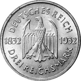 Jaeger 350 Weimarer Republik 3 Reichsmark Wolfgang Goethe 1932