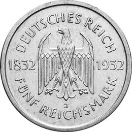 Jaeger 351 Weimarer Republik 5 Reichsmark Wolfgang Goethe 1932