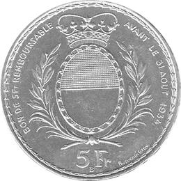 Schweiz 5 Franken Freiburg 1934 Schützentaler