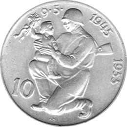 10 Korun, Tschechoslowakei, 1955,  Kniender Soldat mit Kind