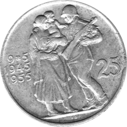 25 Korun, Tschechoslowakei, 1955, Mutter und Kind mit Soldat