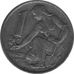 1 Korun, Tschechoslowakei, 1958,  Frau mit Lindensetzling altes Wappen 
