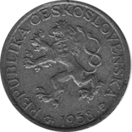 1 Korun, Tschechoslowakei, 1958,  Frau mit Lindensetzling altes Wappen 