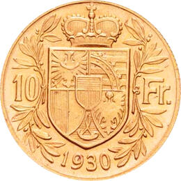 10 Franken Liechtenstein Goldmünze Fürst Franz I 1930