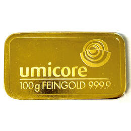 Goldbarren 100 Gramm Umicore geprägt alt