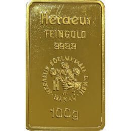 Goldbarren 100 Gramm Heraeus geprägt alt