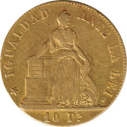 10 Pesos Chile 1855 stehende Liberty mit Wappen