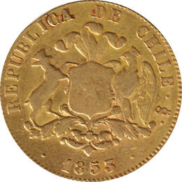 10 Pesos Chile 1855 stehende Liberty mit Wappen