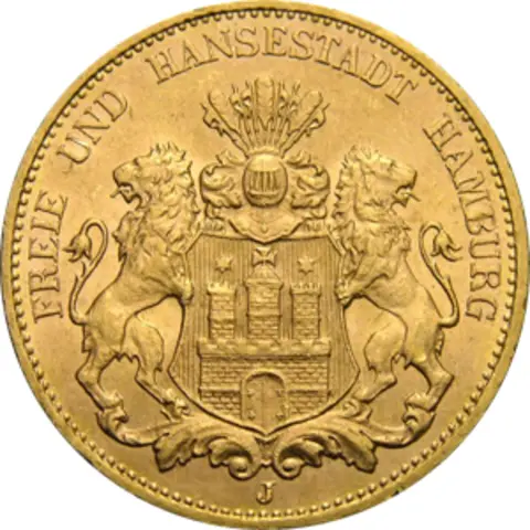 20 Mark Kaiserreich Hamburg 1893-1913 Stadtwappen Jaeger 212