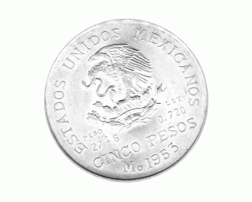 5 Pesos 1953 Mexico, Hildalgo im Lorbeerkranz