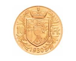 10 Franken Liechtenstein Goldmünze Fürst Franz I 1930